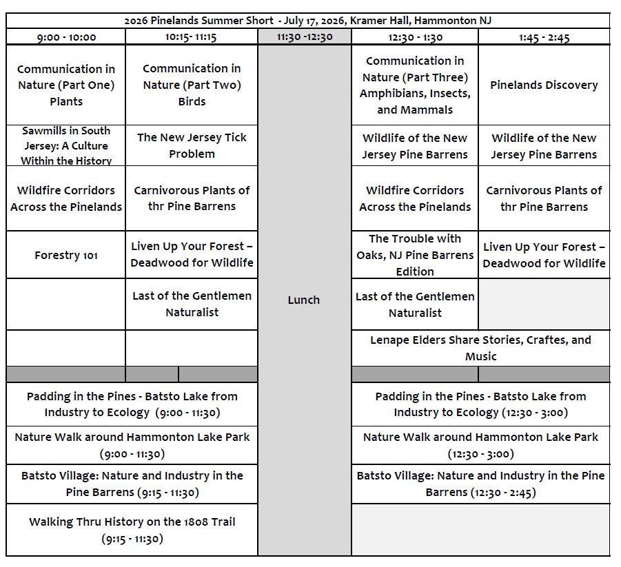 2026 Pinelands Short Course Schedule